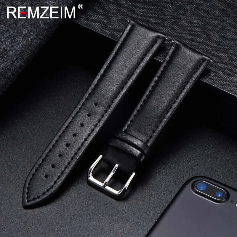 Amazfit Calfskin Leather Watch Band with Silver Buckle - Black / Black Stitching