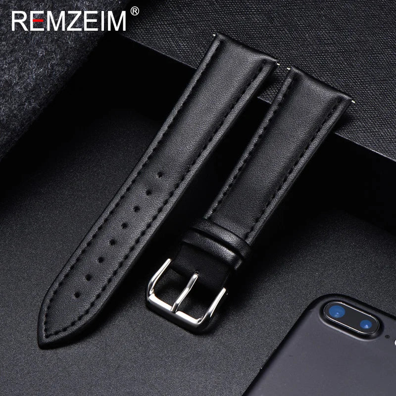Polar Calfskin Leather Watch Band with Silver Buckle — Black / Black Stitching