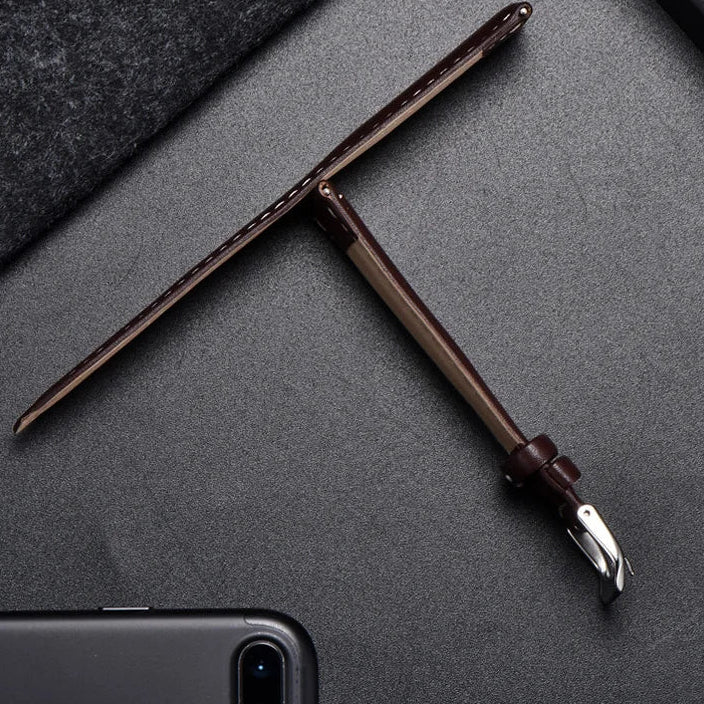 Motorola Moto Watch Band, Soft Calfskin Leather Strap, Steel Buckle displayed on a dark surface.