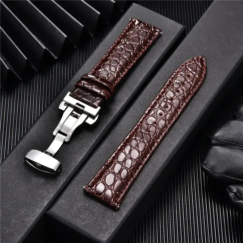 Crocodile-Pattern Leather Clasp Band in Dark Brown / Silver Clasp for compatible Huawei watches