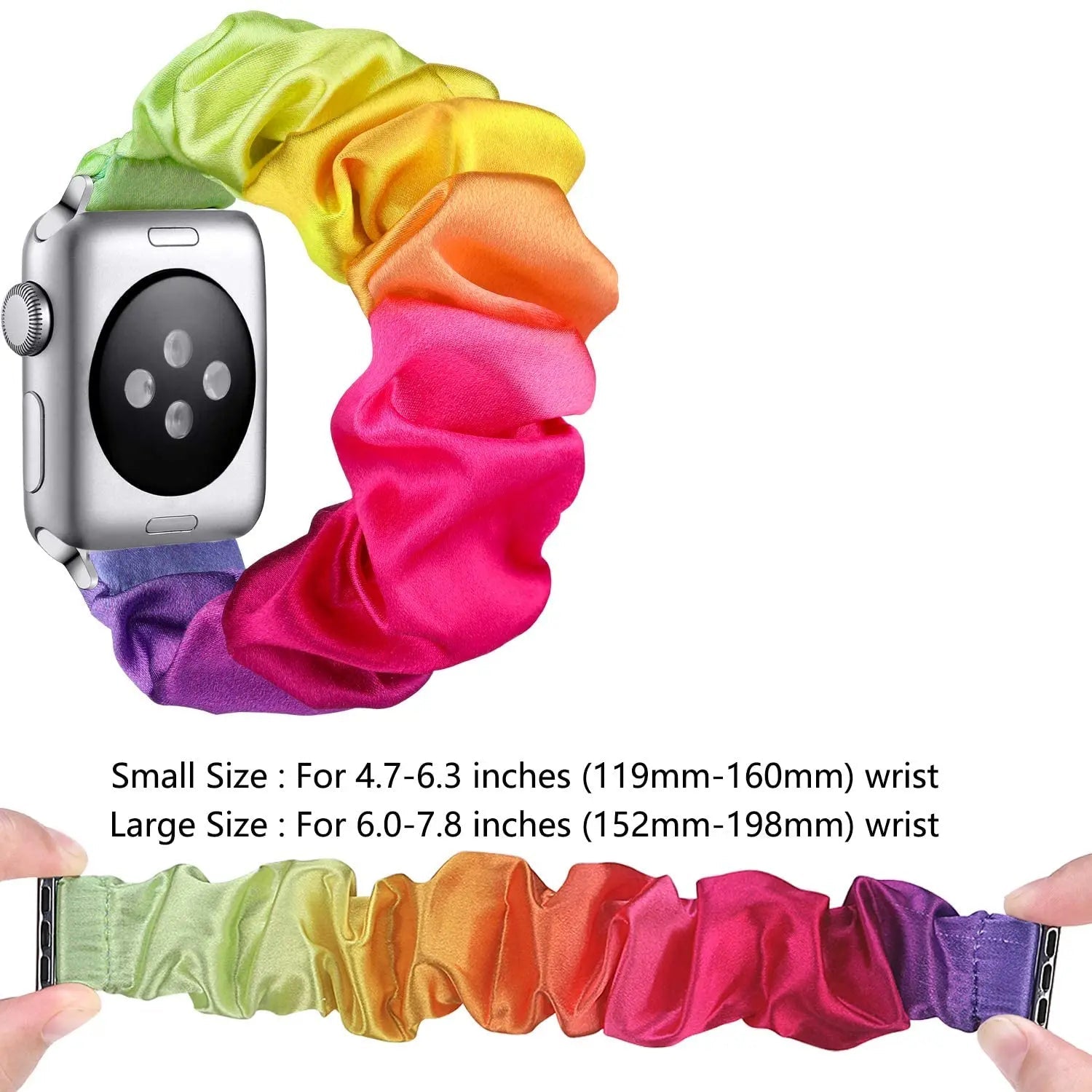 Colorful Apple Watch Scrunchie Strap, soft elastic nylon loop band for comfortable daily wear.