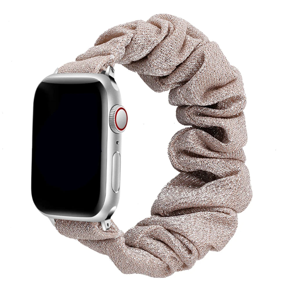 Apple Watch scrunchie strap in soft elastic nylon loop band, stylish and comfortable for daily wear.