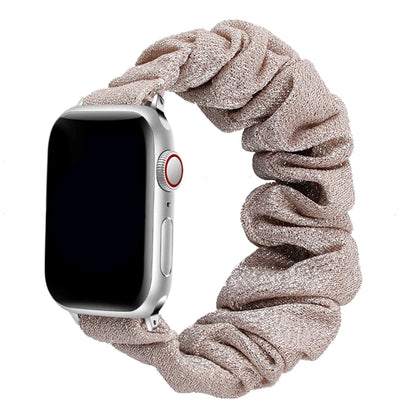 Apple Watch scrunchie strap in soft elastic nylon loop band, stylish and comfortable for daily wear.