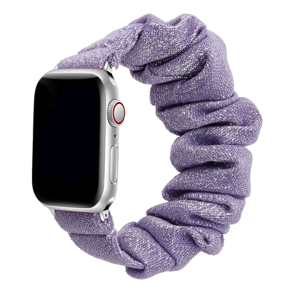 Purple scrunchie strap for Apple Watch, featuring soft elastic nylon for comfort and style.