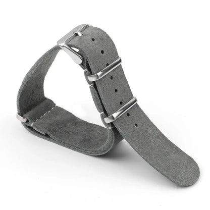 Suede leather strap for Huawei Watch in gray with silver buckle, showcasing elegance and durability.