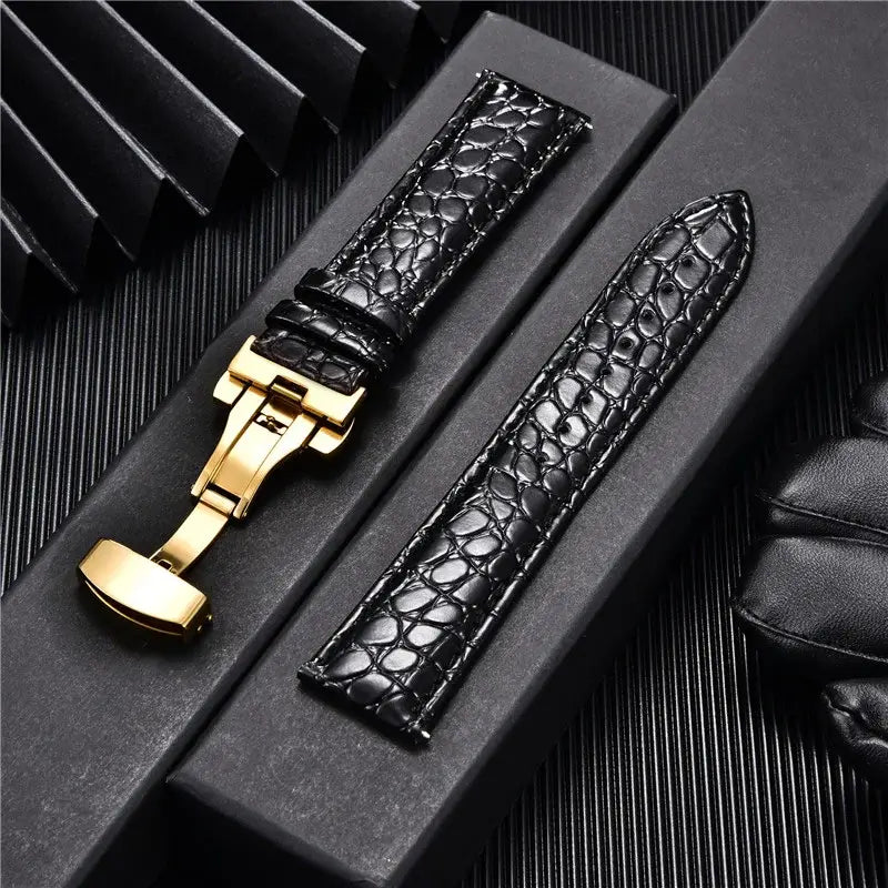 Suunto Crocodile-Pattern Leather Clasp Band - Black / Gold Clasp