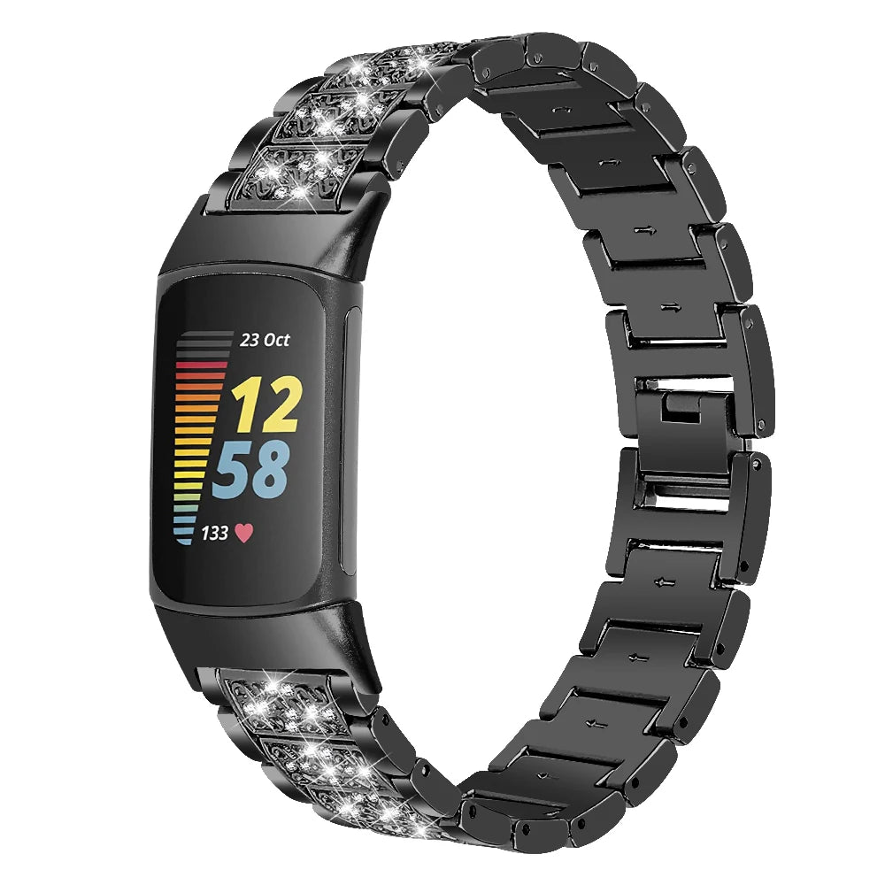 Fitbit Charge Rhinestone Panel Bracelet Band - Black bracelet front view