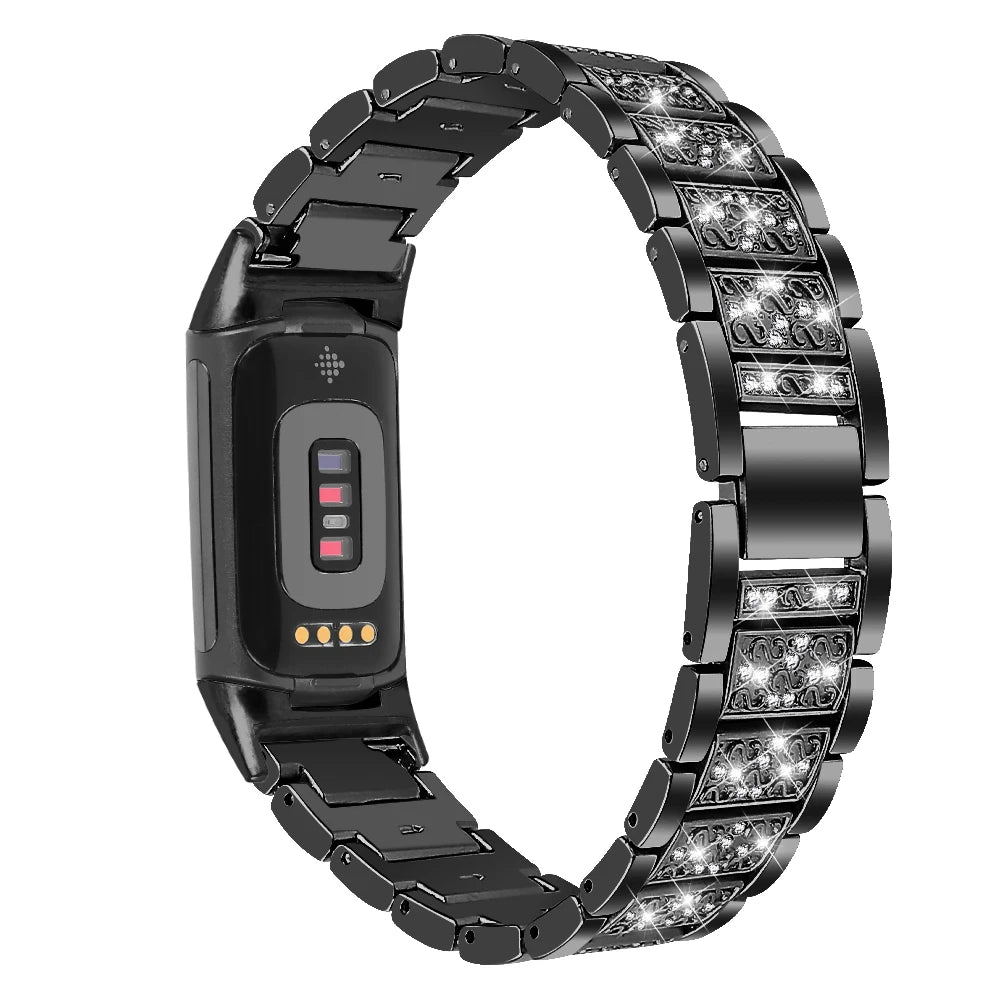 Fitbit Charge 6, 5, 4, 3 luxury metal band with rhinestones, stylish smartwatch strap from Bandsco.