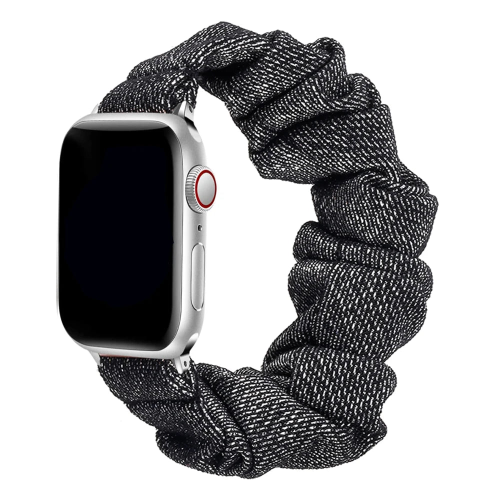 Apple Watch Scrunchie Strap in black and gray soft elastic nylon loop band, stylish and comfortable for daily wear.