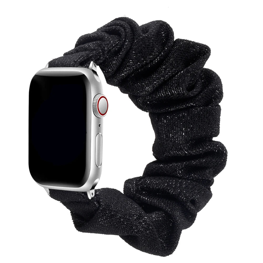 Apple Watch Scrunchie Strap in black, soft elastic nylon loop band for comfort and style.