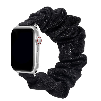 Apple Watch Scrunchie Strap in black, soft elastic nylon loop band for comfort and style.