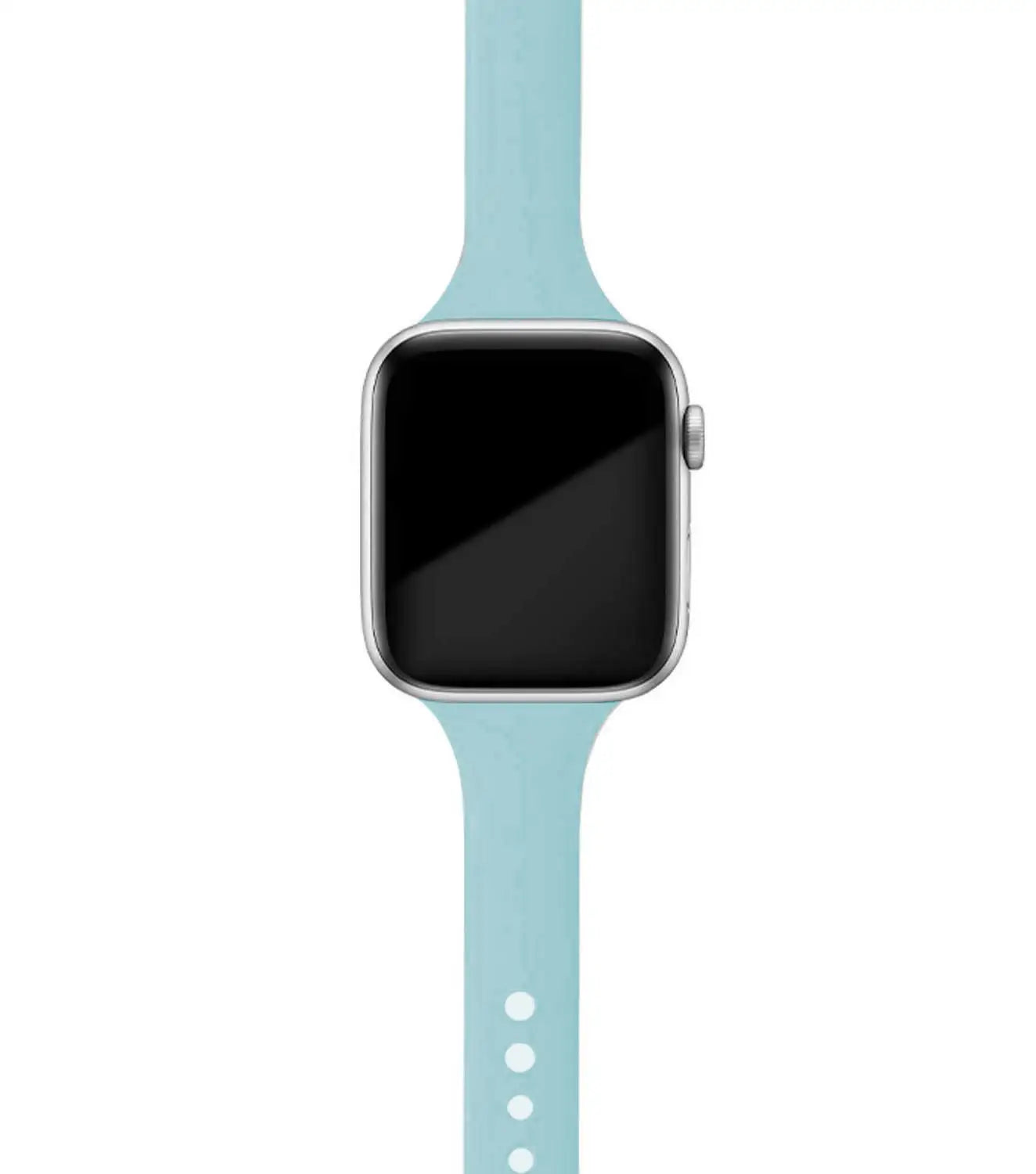 Apple Watch with light blue silicone band, designed for comfort and style in everyday use.