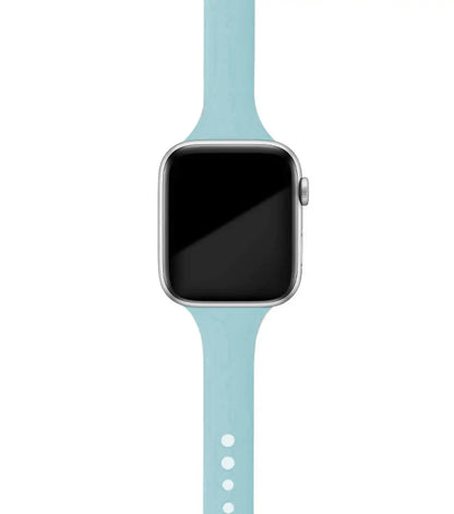 Apple Watch with light blue silicone band, designed for comfort and style in everyday use.