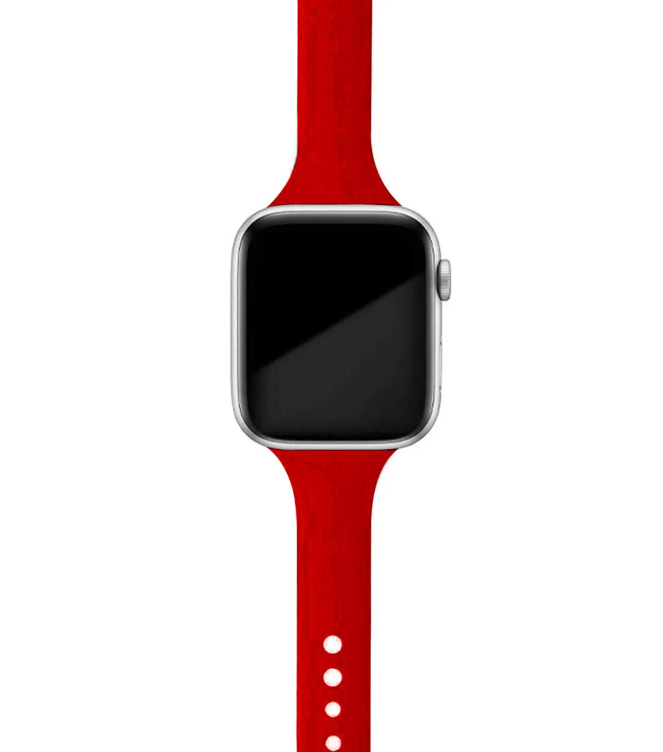 Apple Watch with red silicone band, designed for comfort and style, perfect for everyday wear.