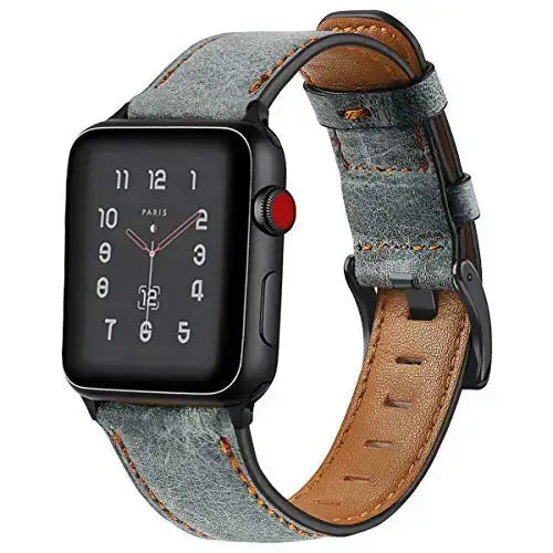 Blue Gray vintage-style leather Apple Watch band with buckle