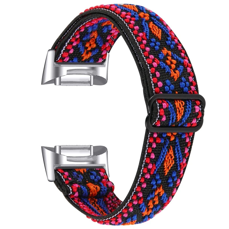 Colorful nylon strap for Fitbit Charge 6, featuring stylish elastic design for comfort and breathability.
