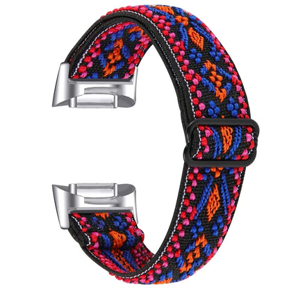 Colorful nylon strap for Fitbit Charge 6, featuring stylish elastic design for comfort and breathability.