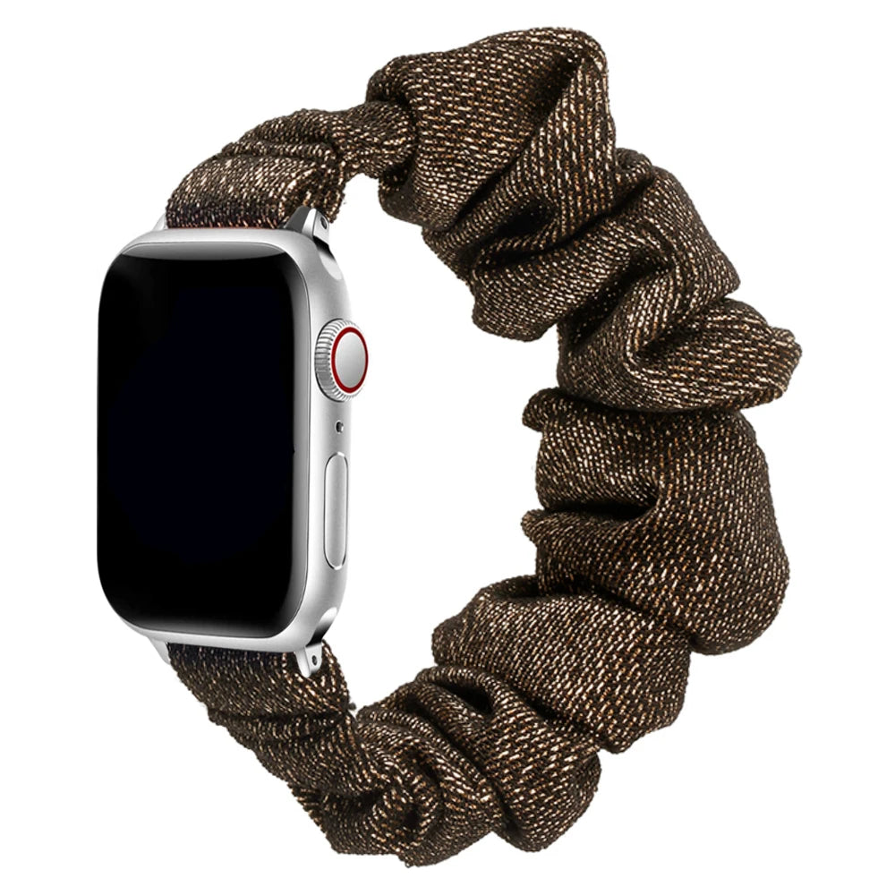 Apple Watch Scrunchie Strap in brown, soft elastic nylon loop band for comfort and style.