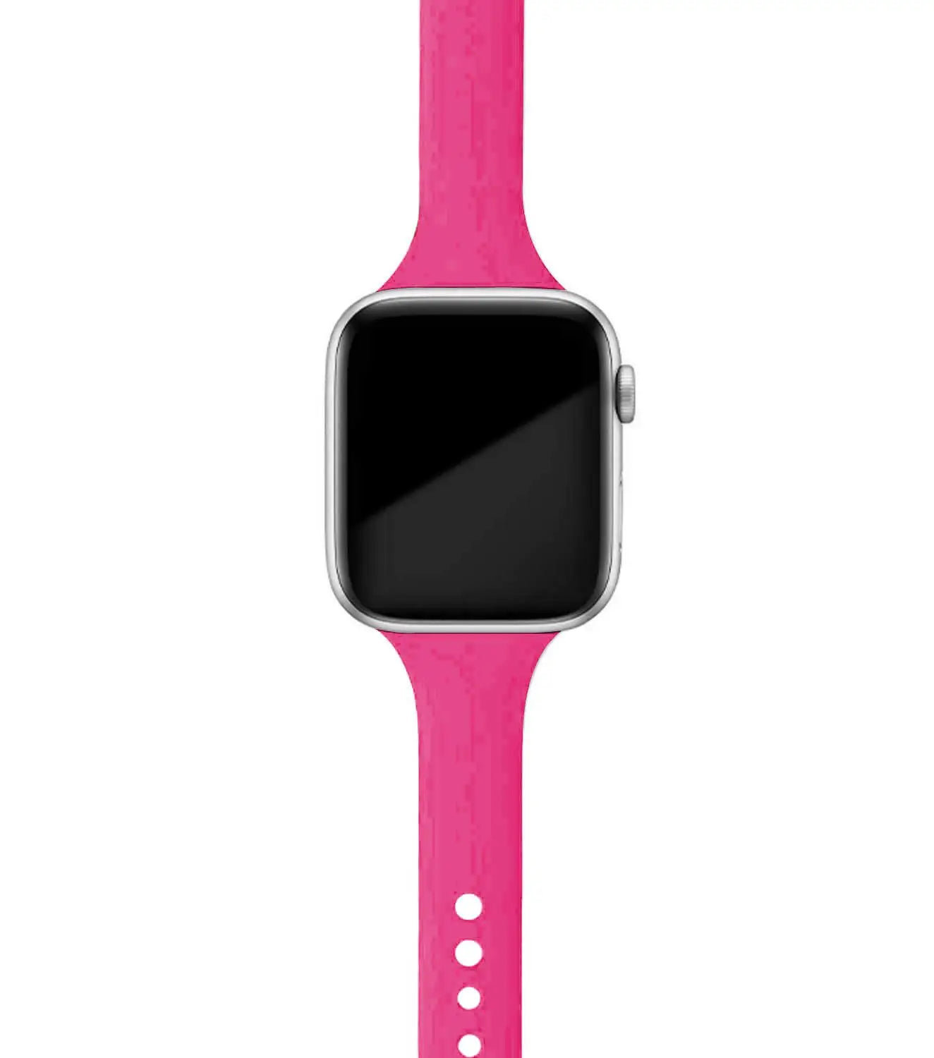 Apple Watch with pink silicone band, soft and comfortable for daily wear, perfect for casual and gym use.