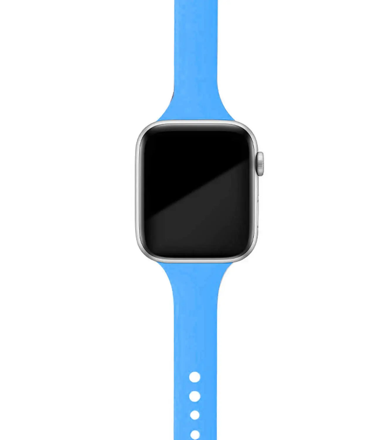 Apple Watch with blue silicone band, showcasing a soft and comfortable design for everyday wear.