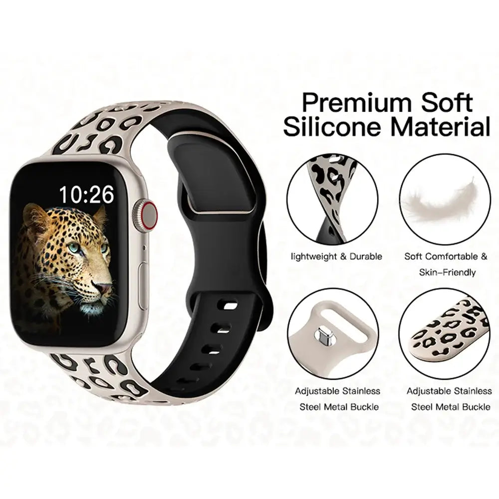 Leopard silicone Apple Watch band showing pattern and fastening details