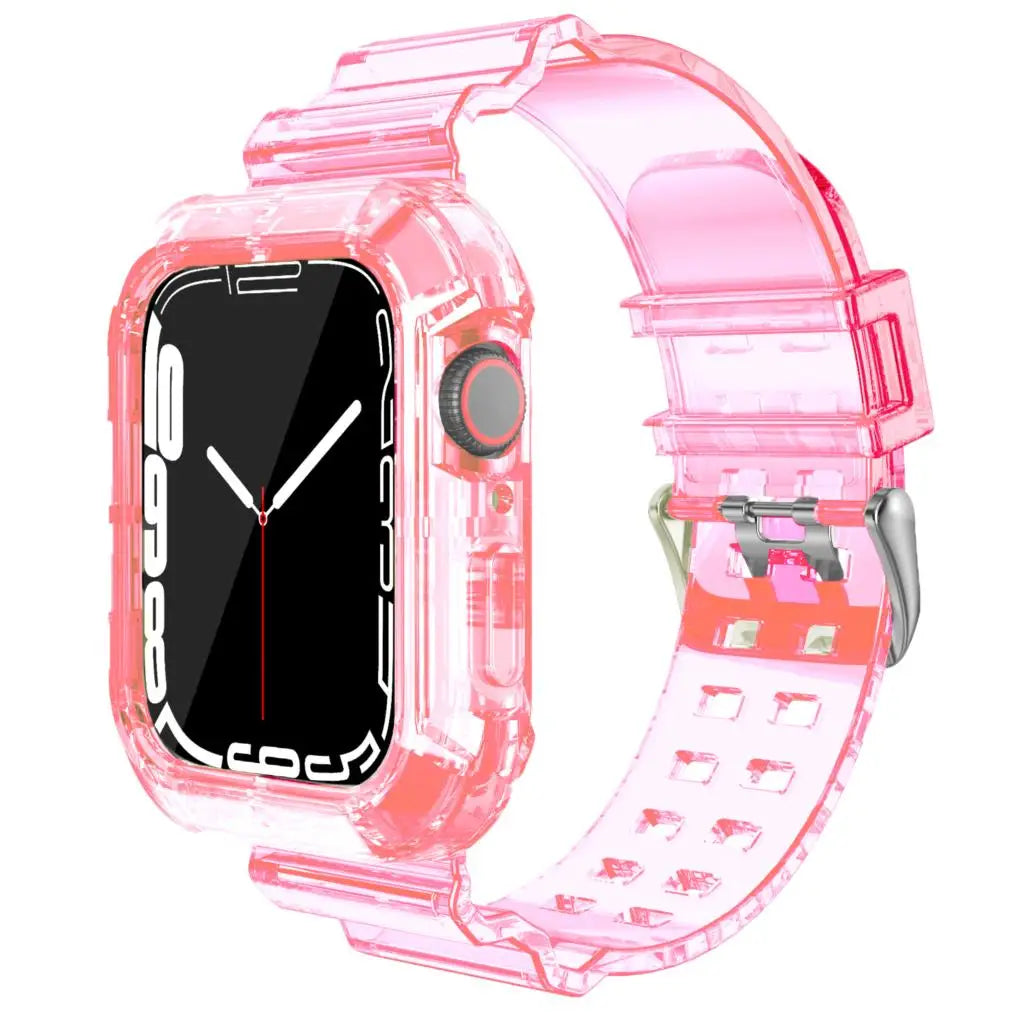 Transparent pink silicone strap for Apple Watch, offering comfort and style for any occasion.