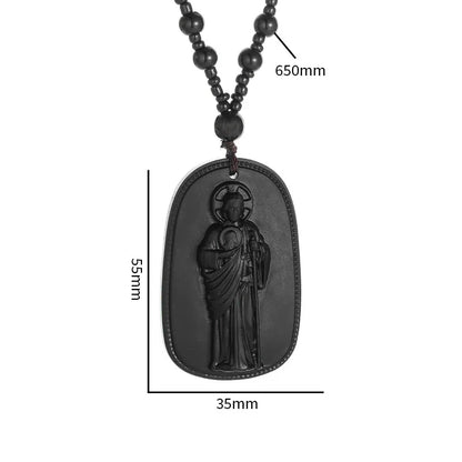 Carved Obsidian Religious Pendant Necklace on Obsidian Bead Chain
