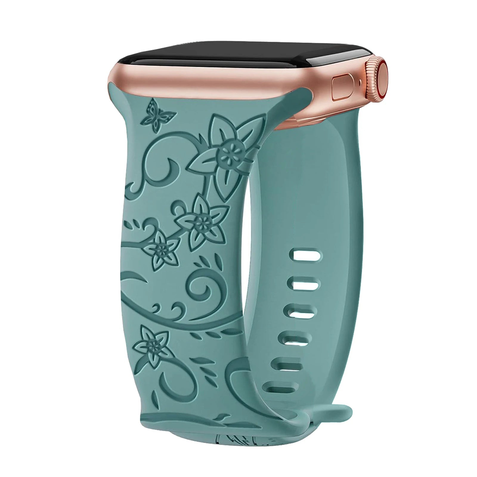 Apple Watch silicone strap in teal with floral engraving, soft and waterproof for comfortable all-day wear.