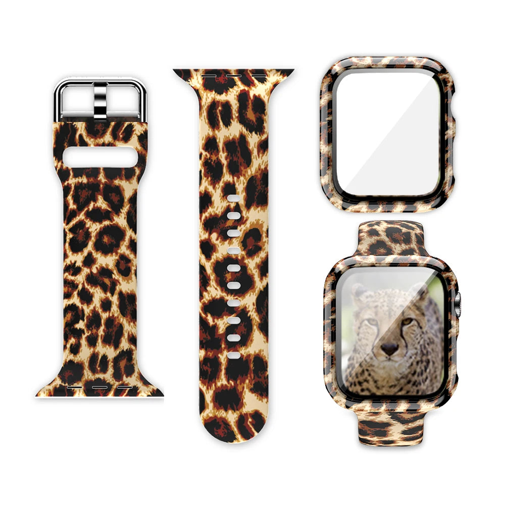 Apple Watch silicone strap with vibrant leopard print design and matching case.