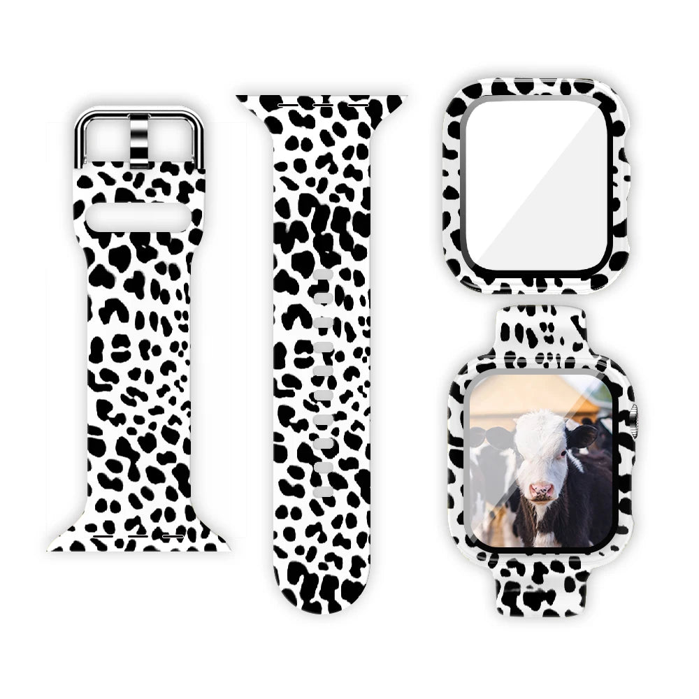 Apple Watch silicone strap featuring unique black and white cow print design, perfect for stylish daily wear.