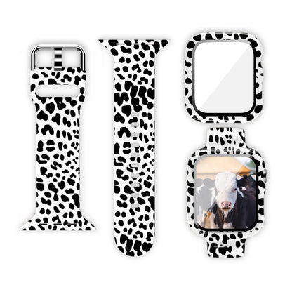 Apple Watch silicone strap featuring unique black and white cow print design, perfect for stylish daily wear.