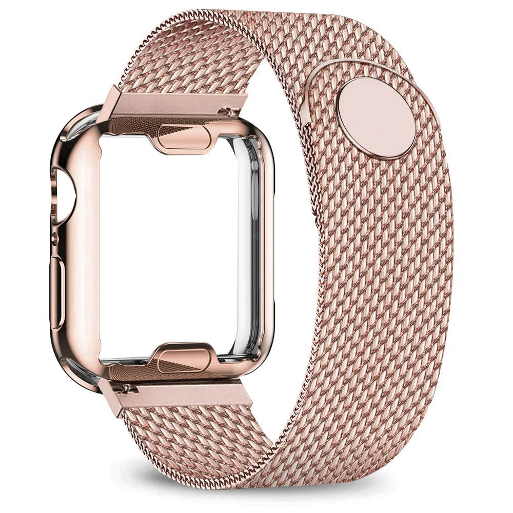 Apple Watch Stainless Steel Strap - Premium Milanese Band in rose gold color, showcasing elegant and adjustable design.