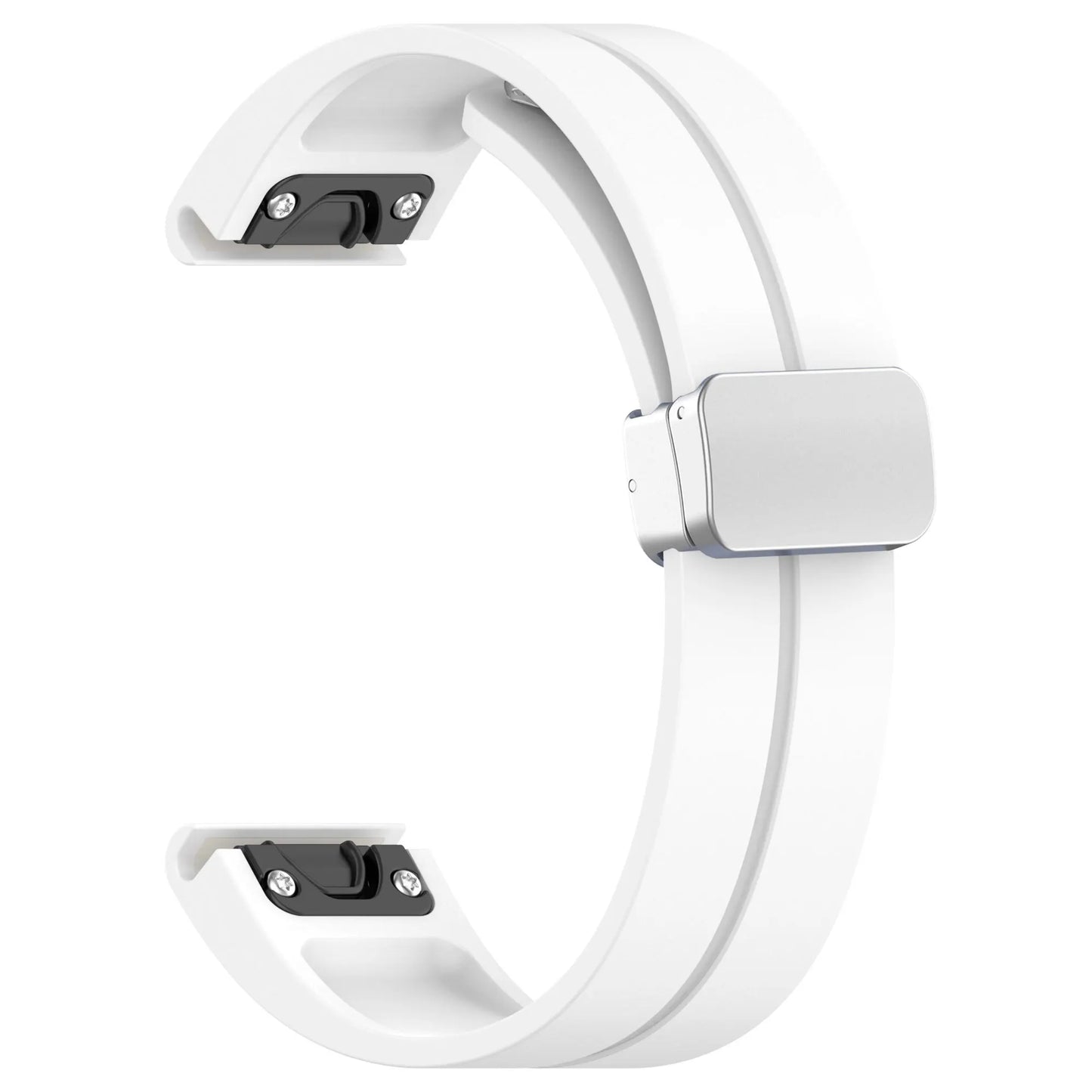Garmin silicone smartwatch strap in white, designed for comfort and durability with quick fit adjustment.