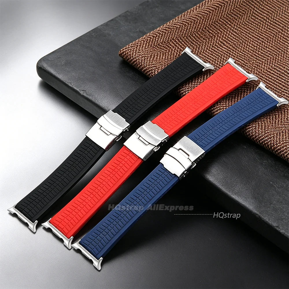 Samsung Galaxy Silicone Sport Watch Band - Watch8/Watch8 Classic/Watch9 Waterproof Buckle in black, red, and blue colors.