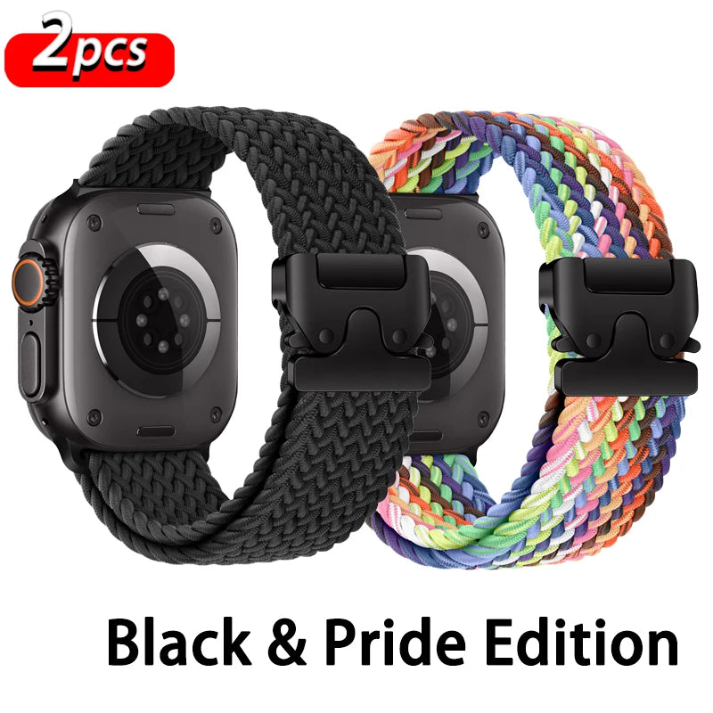 Two Apple Watch braided nylon straps: Black and Pride Edition, showcasing comfort and style for everyday wear.