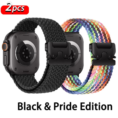 Two Apple Watch braided nylon straps: Black and Pride Edition, showcasing comfort and style for everyday wear.