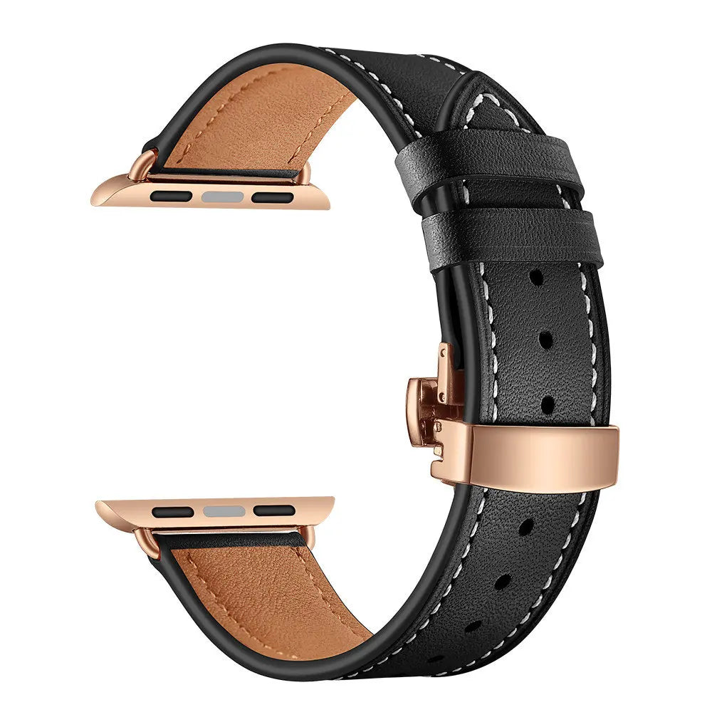 Contrast-Stitched Leather Apple Watch Band with Folding Clasp in Rose Gold / Black