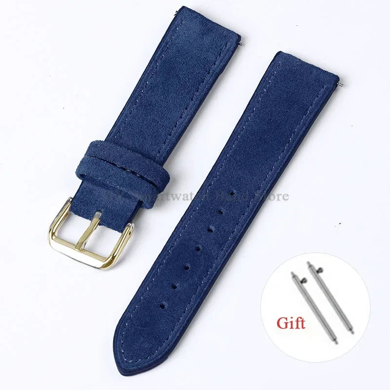 OnePlus Smartwatch Vintage Suede Leather Band Quick Release Strap in blue with gold buckle.