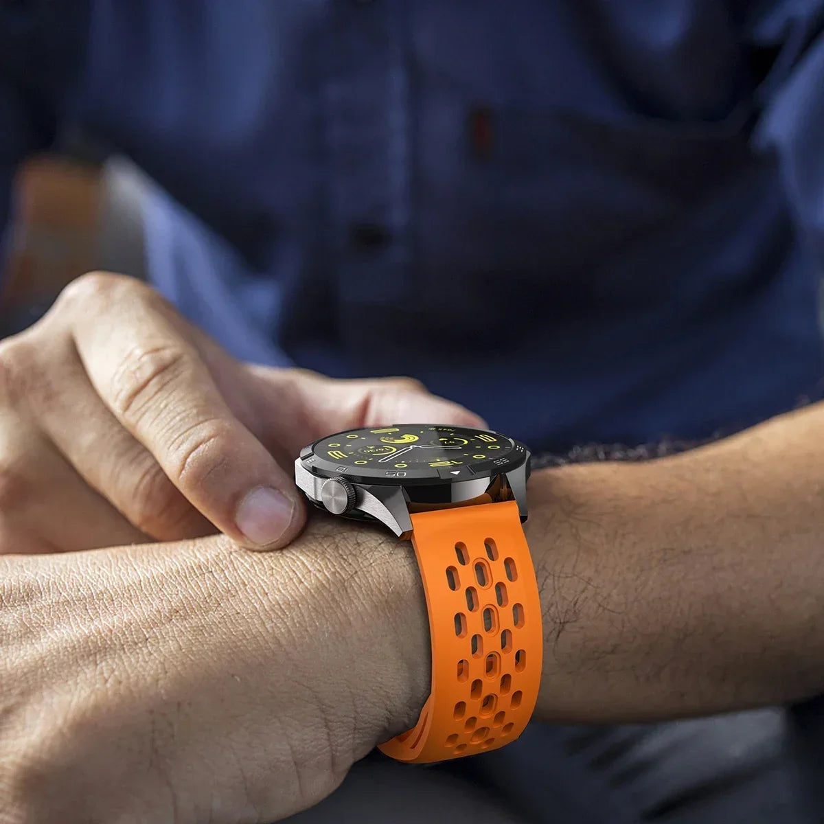 OnePlus Smartwatch Bands Silicone Sport Strap Bracelet Quick Release on wrist, featuring a vibrant orange sport strap.