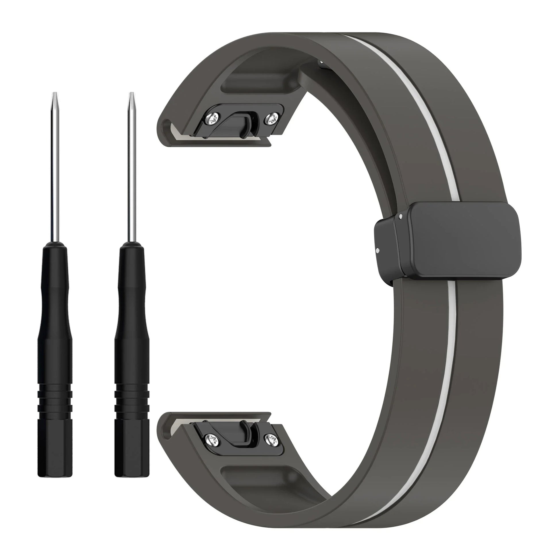 Garmin silicone strap with quickfit design and two tools for secure attachment, perfect replacement for smartwatch bands.