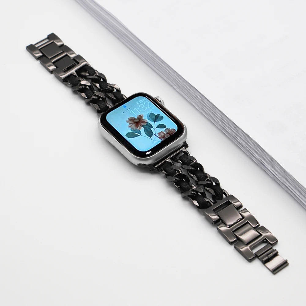 Woven-Accent Chain Apple Watch Bracelet Band in Black / Black