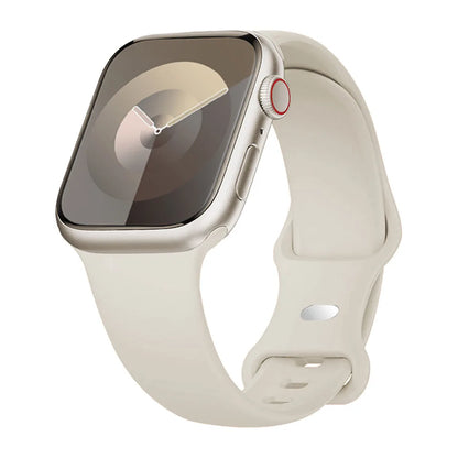 Apple Watch with soft flexible waterproof silicone strap in light color, perfect for active lifestyles and everyday wear.