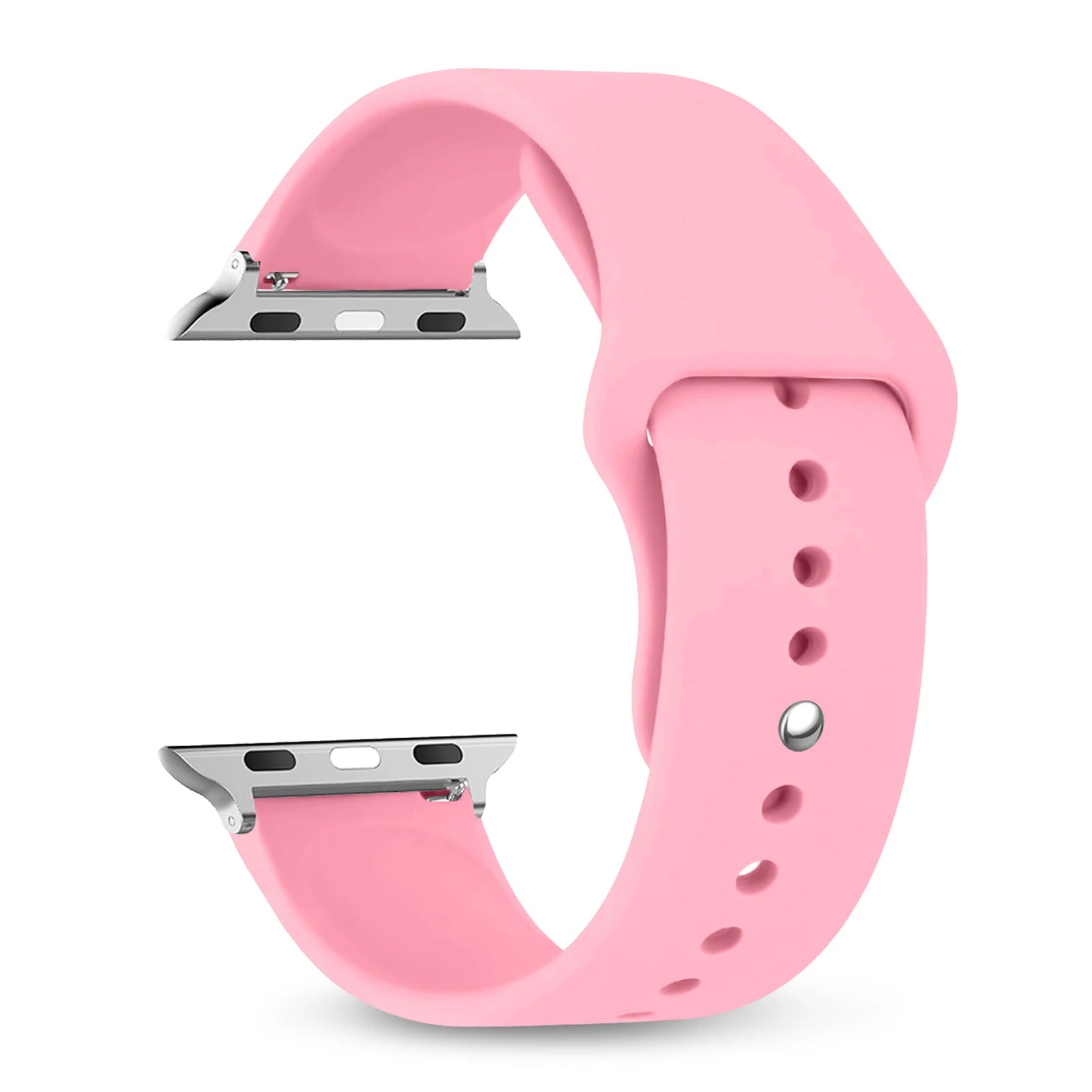 Apple Watch silicone strap in soft pink, comfortable and waterproof band for all-day wear.