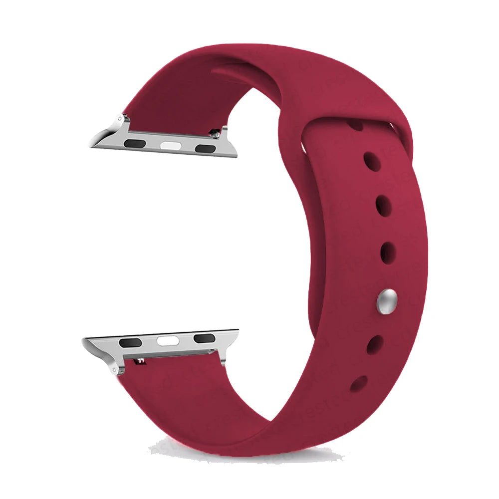 Apple Watch silicone strap in red, comfortable and waterproof band perfect for all-day wear.