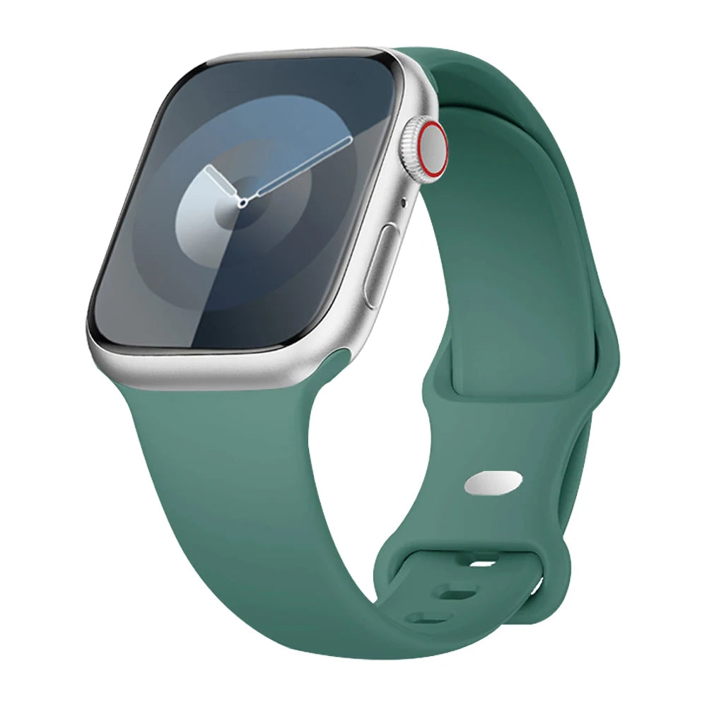 Apple Watch with a soft green silicone strap, featuring a waterproof design for comfort and active lifestyles.