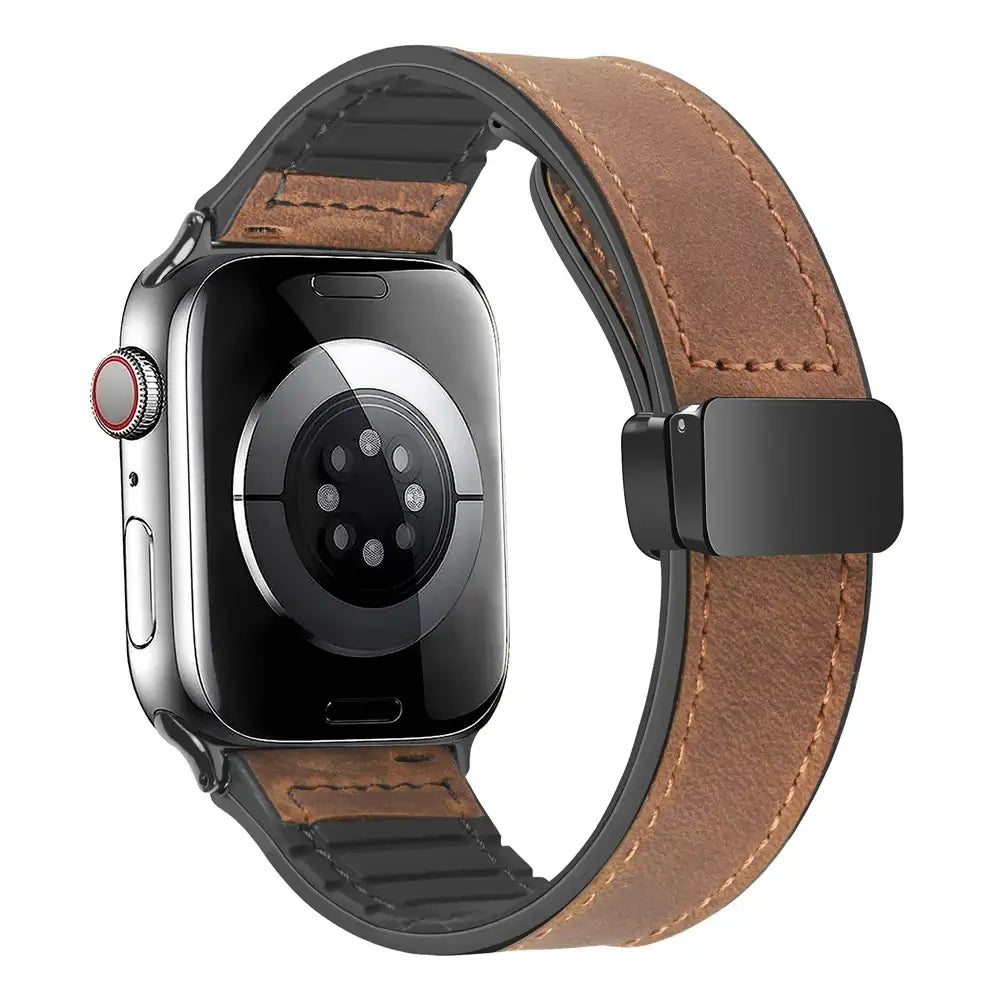 Coffee Brown stitched leather Apple Watch band with magnetic clasp