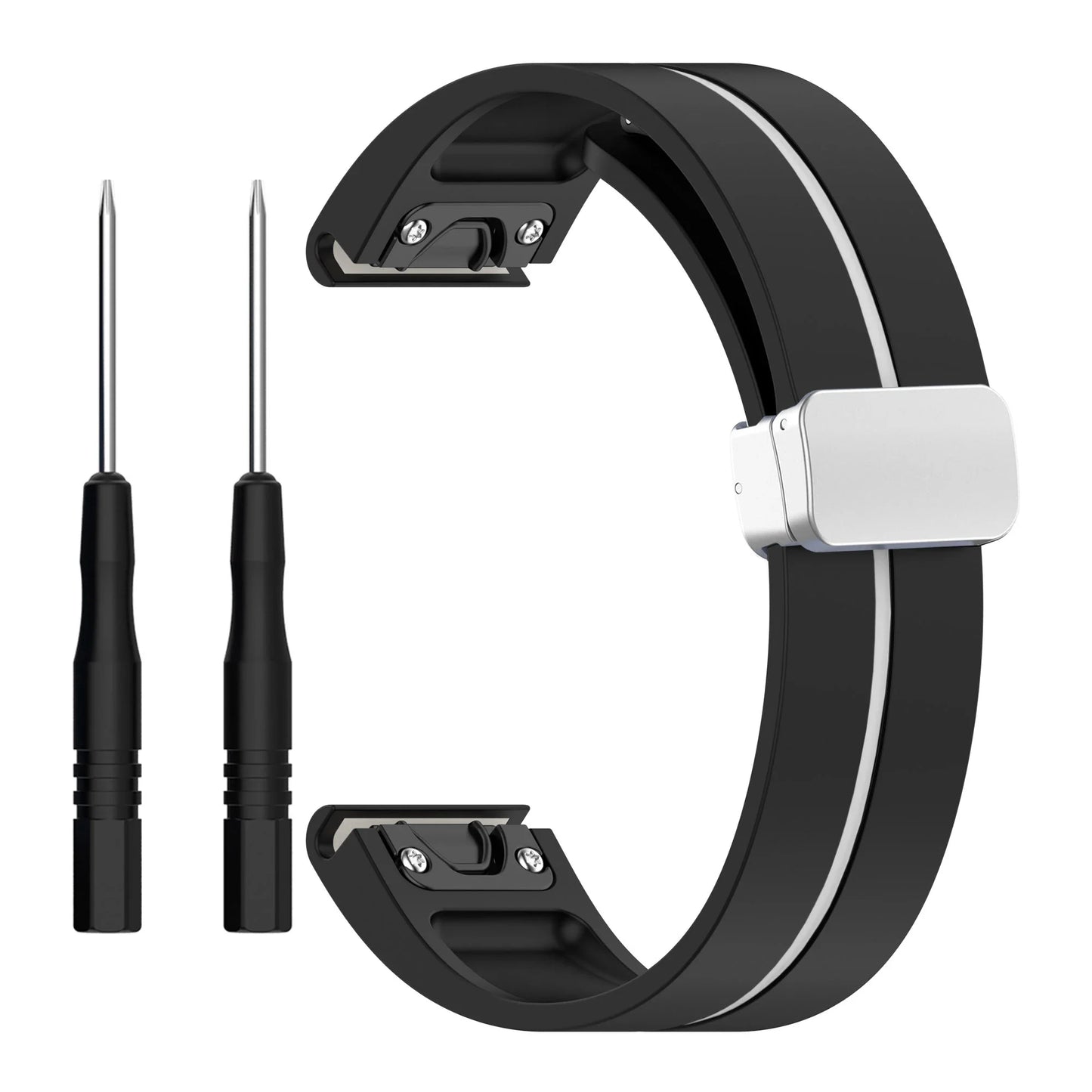 Garmin silicone strap with quick-fit design, durable and flexible smartwatch replacement band, includes removal tools.