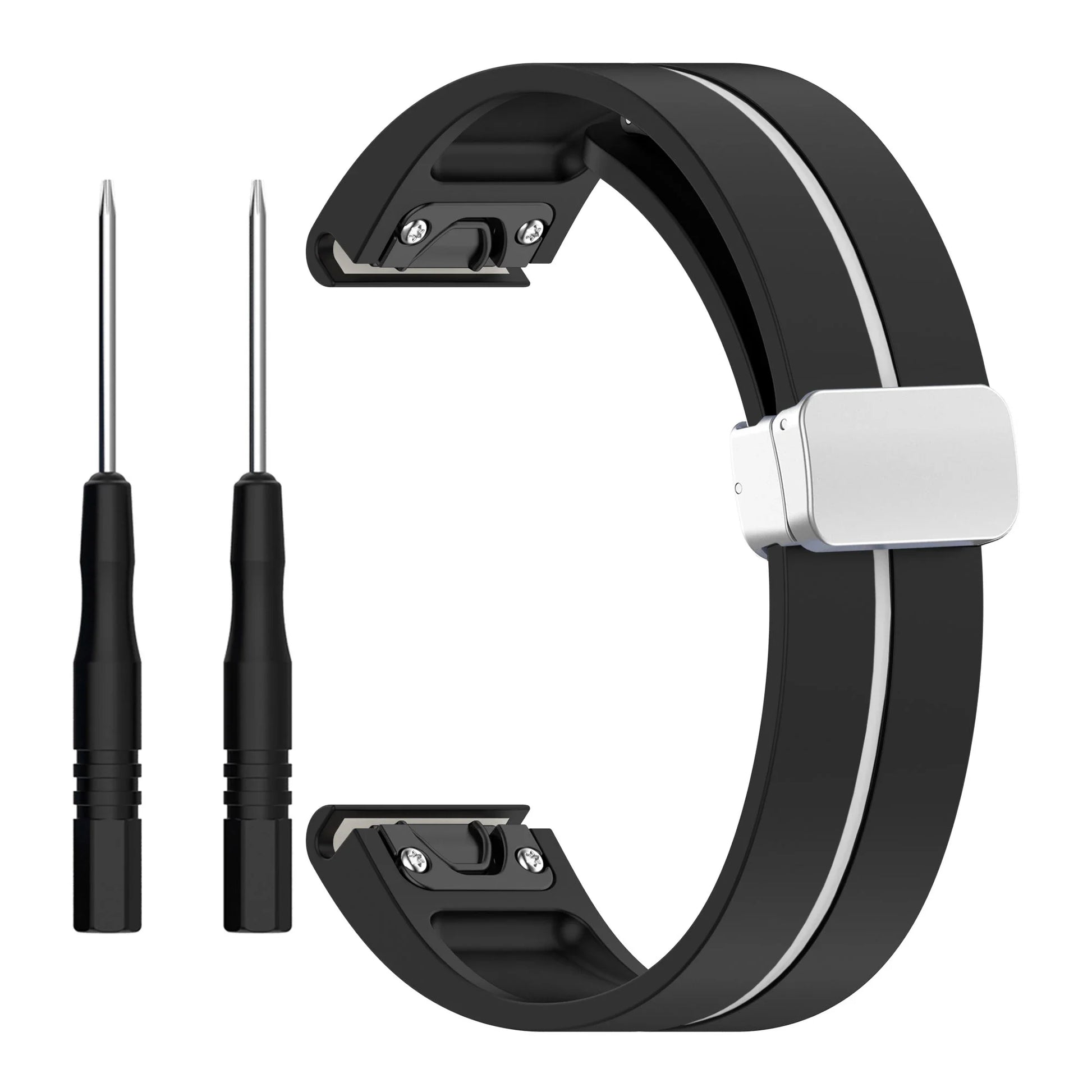 Garmin silicone strap with quick-fit design, durable and flexible smartwatch replacement band, includes removal tools.
