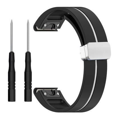 Garmin silicone strap with quick-fit design, durable and flexible smartwatch replacement band, includes removal tools.