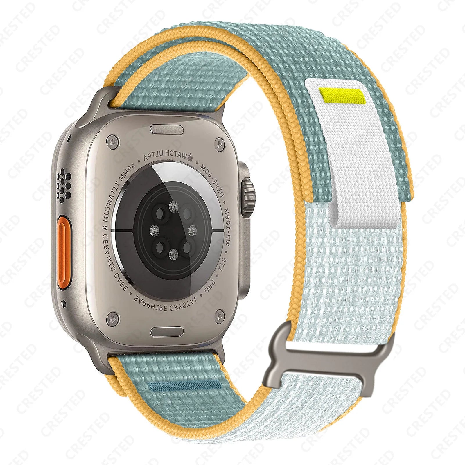 Apple Watch with Trail Loop Nylon Strap in blue and yellow, featuring durable and breathable design for comfort.